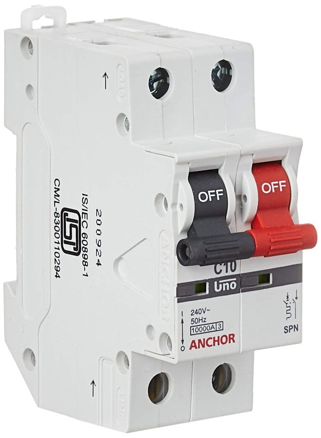 Anchor by Panasonic UNO 10 Amp Solid Pole Neutral Type C Curve MCB | ISI Marked SPN 10A Miniature Circuit Breaker (98010-2)